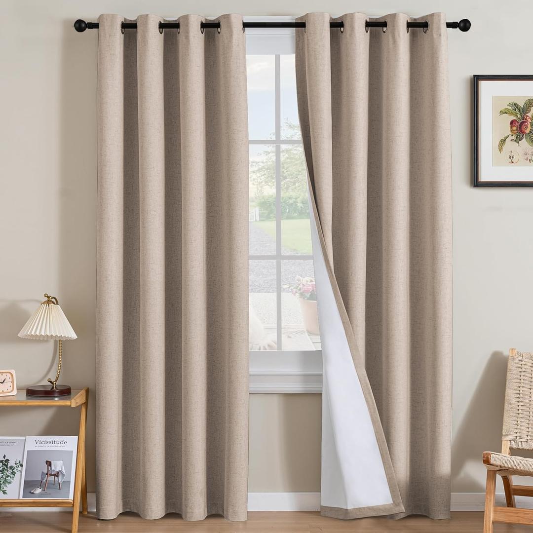H.VERSAILTEX Linen Curtains 100% Blackout Curtains for Bedroom 96 inch Long Full Light Blocking Nature Linen Blended Window Curtains for Living Room Nickel Grommet (2 Panels, Heathered Sand)