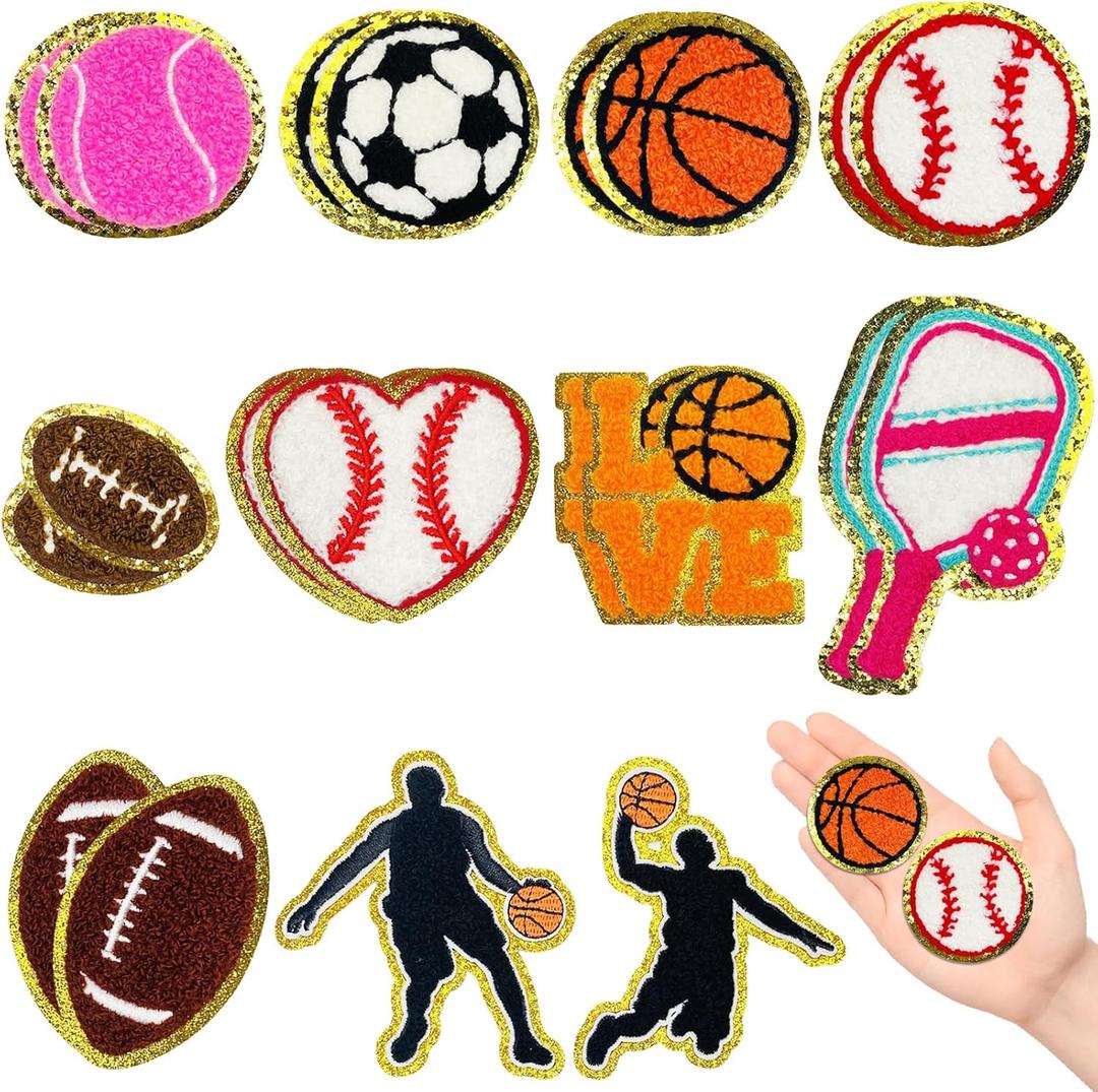 Jongdari 20pcs Sports Chenille Patches Iron On Patches Bulk for Hats Backpacks Clothes, Baseball Football Softball Basketball Soccer Patch for Heat Press with Gold Edges for Kids Boys Girls Adults (Multiple Styles - 20pcs)