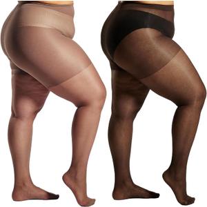 2 Pairs Plus Size Sheer Tights for Women High Waist Control Top Stockings Ultra Thin Pantyhose with Reinforced Toes