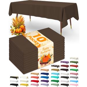 Pureegg Plastic Table Cloth Disposable 10 Pack, 54 x 108 Inch Table Cloths, Party, Thanksgiving Decorations, Harvest, Fall Tablecloths, Rectangle, Plastic Cover, Leakproof & Sturdy, Brown