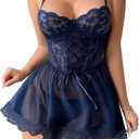 Lilosy Sexy Garter Belt Mesh Lace Babydoll Lingerie Dress Set with Thong (Navy Blue) XL
