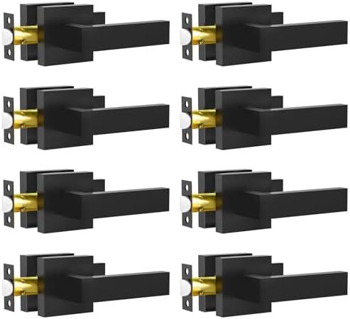 RAZCC Passage Door Lever, 8 Pack Matte Black Interior Door Handles for Hallway and Closet, Heavy Duty Square Interior Keyless Door Handles Non-Locking Door Knobs for Right & Left Side Door Two Missing