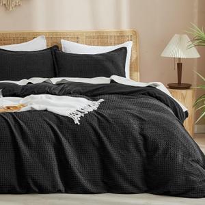 PHF Waffle Weave Duvet Cover Set California King, No Snagging Ultra Soft Luxury Textured Breathable Comforter Cover for All Season 3pcs, Durable Bedding Duvet Set with 2 Pillow Shams, 104"x98", Black