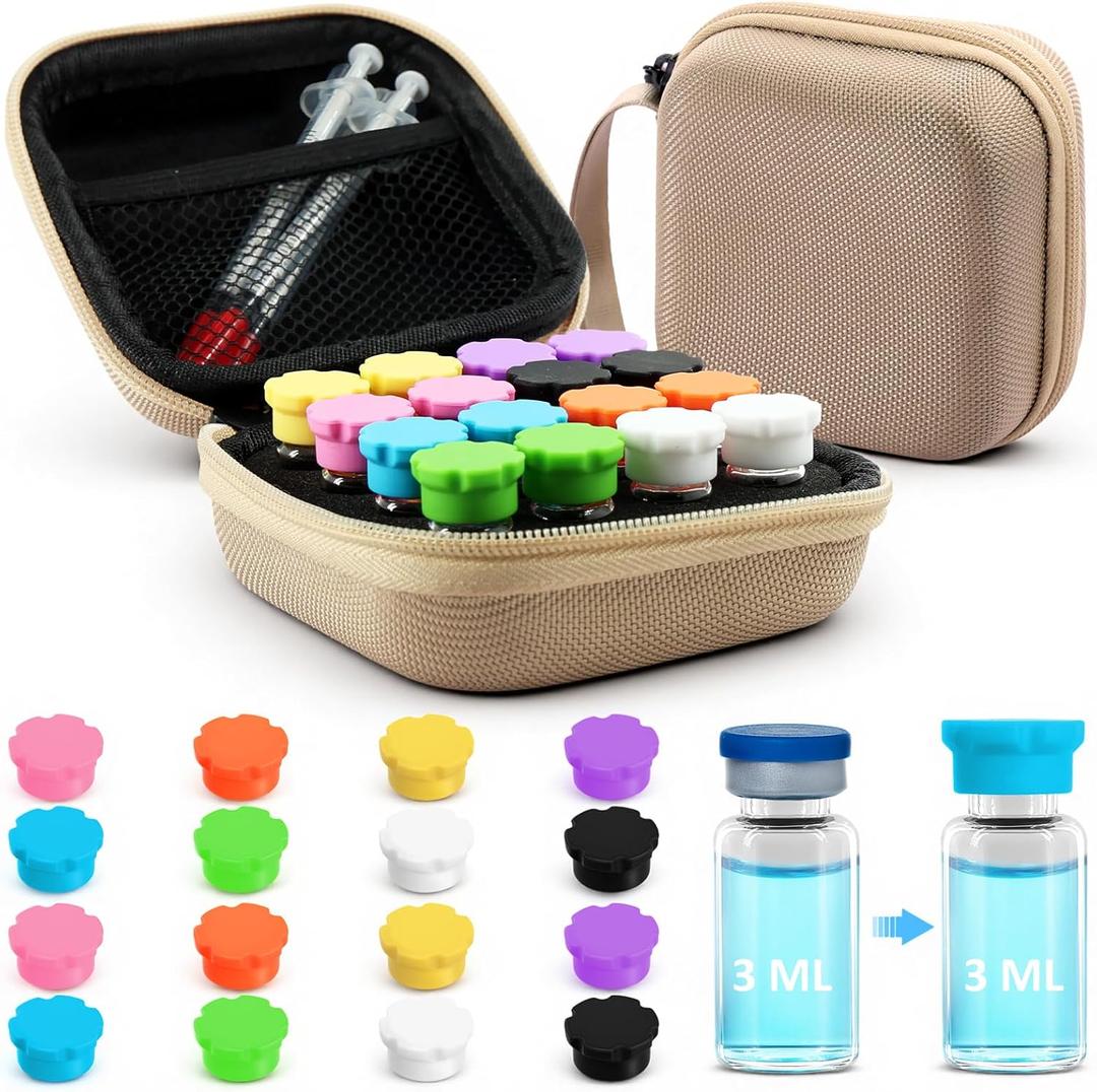 16 Slots Insulin Vial Protector Case and 1-3ml Peptide Vial Caps Storage Combo Pack, Insulin Vial Organizer Bag for Diabetics Standard 3ml 2ml 1ml Vials, Includes Vial Caps (8 Colors, 16 Pcs)
