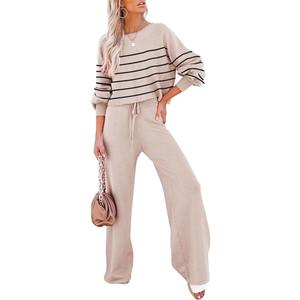 Pink Queen Two Piece Outfits for Women Lounge Sets Striped Knitted Sweater Tops Wide Leg Pants Loungewear Fall 2025, Small