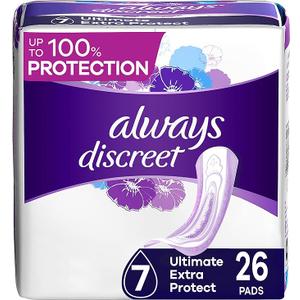 Always Discreet Adult Incontinence Pads for Women, Ultimate Extra Absorbency, Long Length, Postpartum Pads,  (2 Packs of 26, 52 count)