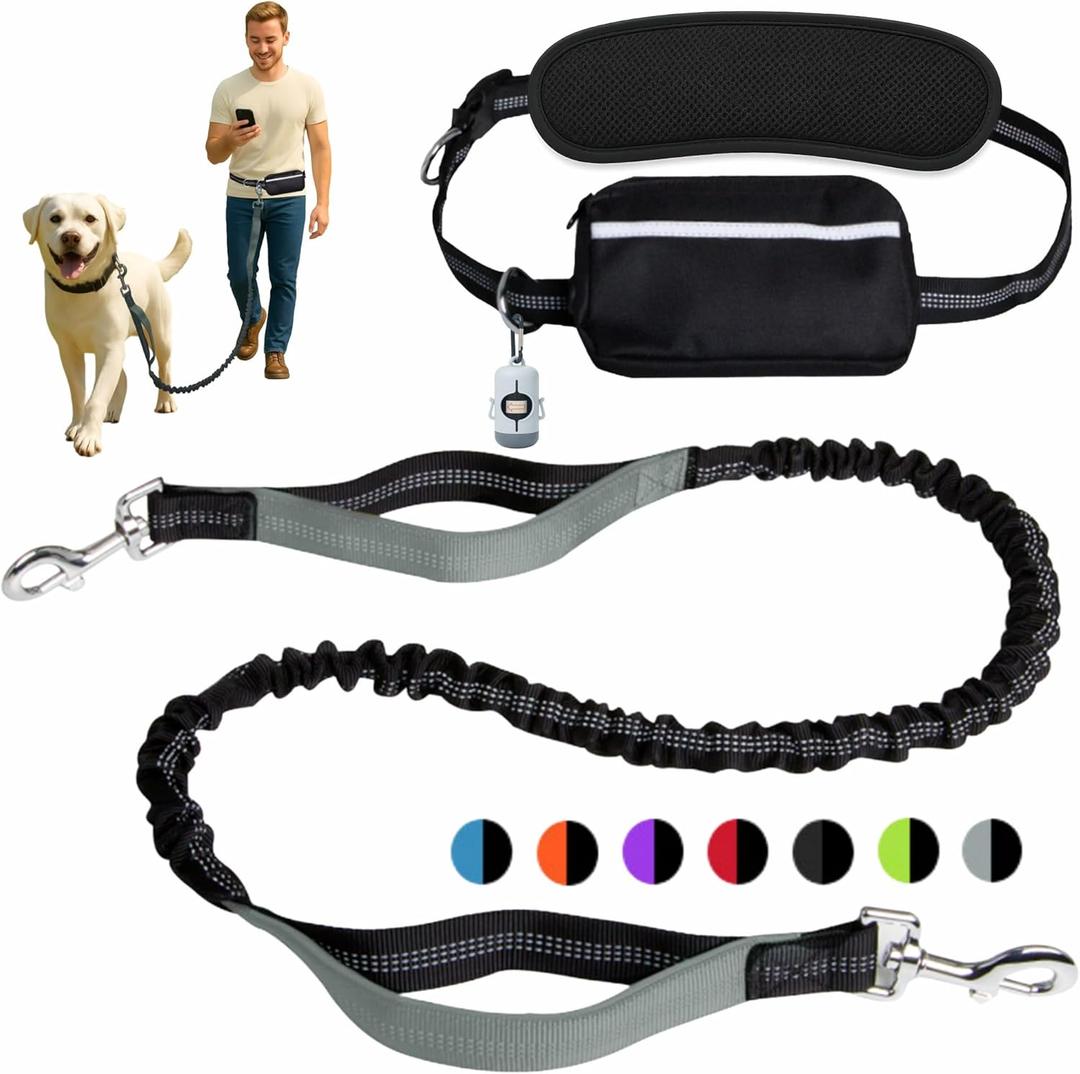 Hands-Free Dog Leash for Dogs up to 130 lbs  Heavy-Duty, Shock-Absorbing Bungee Leash with Zipper Pouch, Dual Padded Handles & Adjustable Waist Belt for Running & Walking  Cool Gray