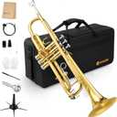 Vangoa Bb Trumpet Brass Standard Gold Trumpet Instrument for Student School Band Orchestra Adult Kid Beginner with Hard Case, Stand, Cleaning Kit, White Gloves, Valve Oil and 7C Mouthpiece