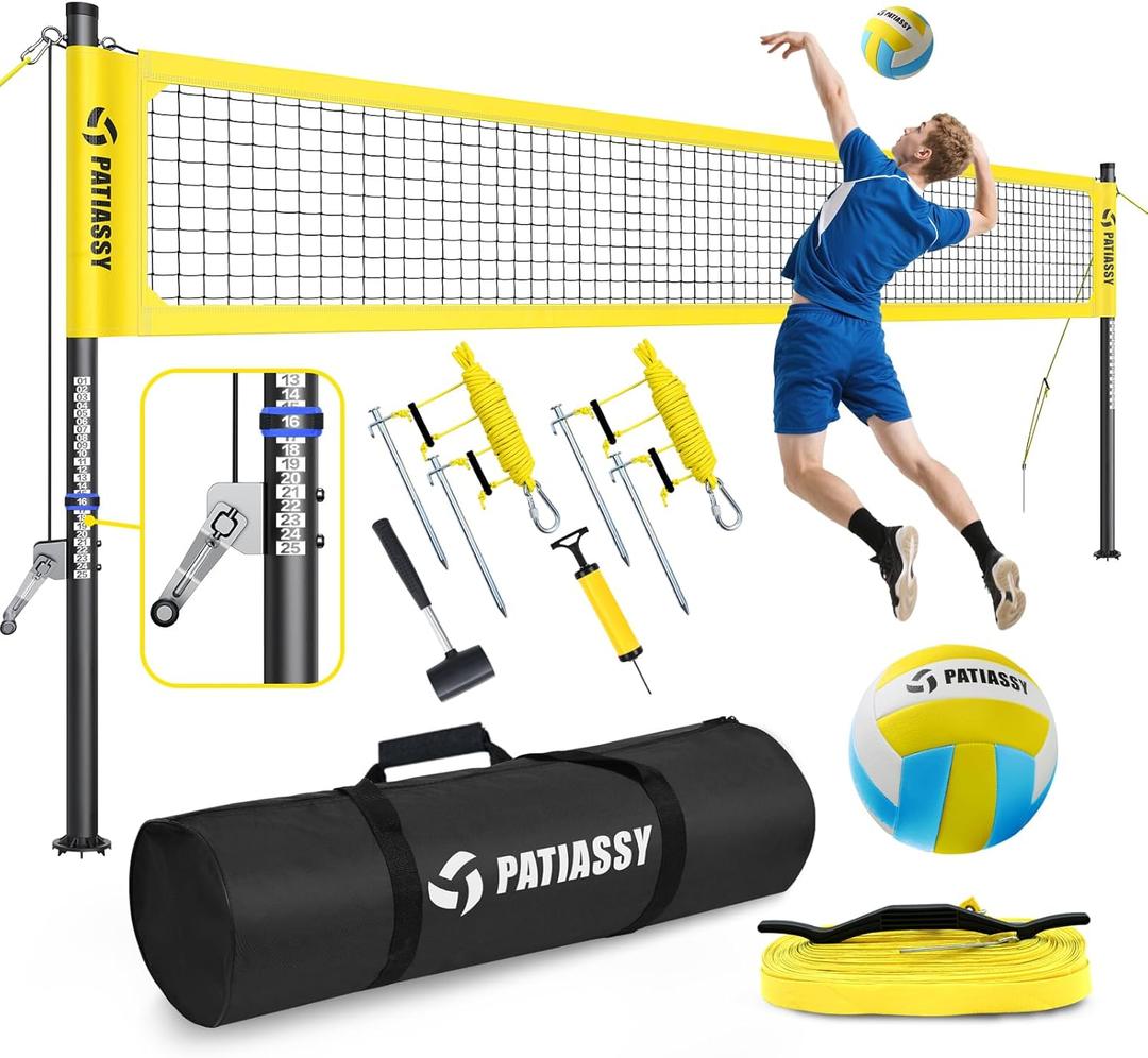 Heavy Duty Volleyball Net for Backyard, Outdoor Professional Net Set with Adjustable Aluminum Poles, Winch System, Steel Stakes, Anti-Sag Design, PU Volleyball and Portable Carrying Bag for Beach