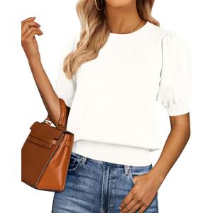 PRETTYGARDEN Womens Tops Spring 2025 Summer Puff Short Sleeve Sweater Crewneck Knit Work Blouses Dressy Casual Trendy Shirts (Medium, White)