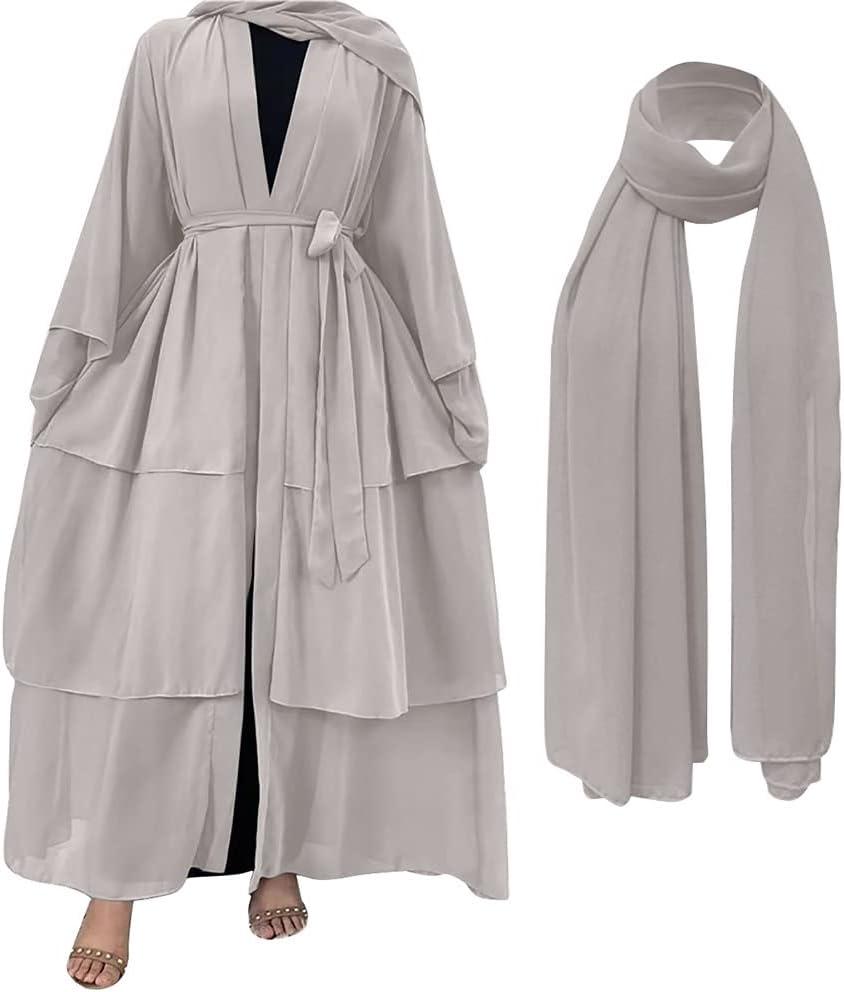 Muslim Chiffon Abaya for Women Open Front Cardigan Modest Dress with Hijab Scarf Middle East Arabian Robe Islamic Long Dress (Small, Grey)
