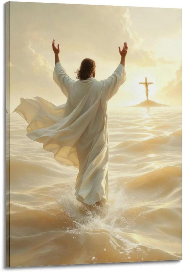 Jesus Walking On Water Poster Canvas Wall Art Religious Ocean Painting Picture Wall Decor Christian Canvas Print Artwork For Living Room Bathroom Bedroom Church Home Decoration12x18inch(30x45cm) (Frame-style)