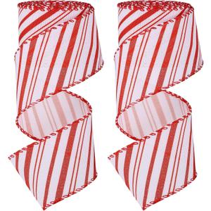 MTLEE 2 Rolls 2.5 Inch x 6 Yard Christmas Candy Cane Wired Ribbon Red and White Stripe Ribbon Christmas Red White Peppermint Decorations for DIY Craft Xmas Tree Wreath Gift Wrapping