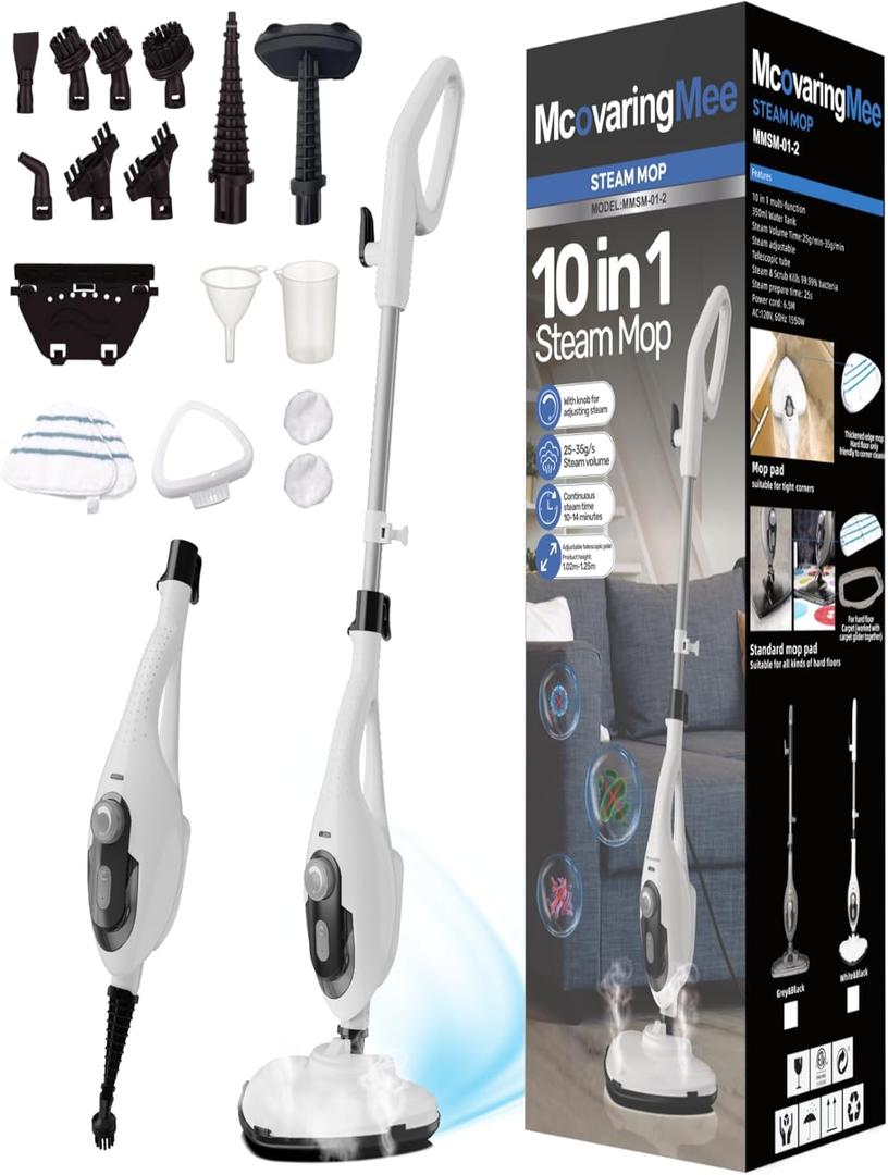 11-in-1 Steam Mop, 1550W Powerful Handheld Steam Cleaner, 260F Multi-Functional Floor Steamer with 21.3FT Cord for Floors, Hardwood, Tiles, Grout, Windows, Kitchen, Bath, Adjustable (White)