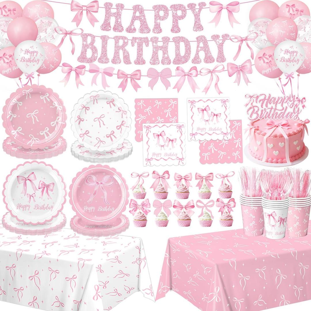 Pink Bow Birthday Decorations Include Plates, Napkins, Cups, Cutlery, Banner, Hanging Swirls, Cake & Cupcake Toppers, Balloons, Tablecloths for Coquette Birthday Decorations, Serves 20