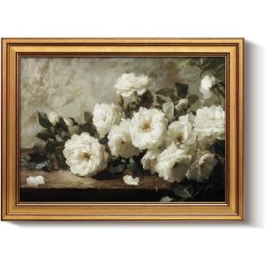 Bzstyleart Vintage Wall Art Decor for Living Room, Gold Framed Prints Flowers Wall Art Home Decor Aesthetic, White Rosebush Vintage Botanical, Canvas Picture Print Artwork Gift for Mom, 12 x 16 Inch