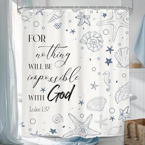Glawry Bible Verse Shower Curtain Starfish Seashells Ocean Beach Coastal Christian Scripture Navy Blue Bathroom Inspirational Quotes 60Wx72L Inches Bath Accessories Art Home Decor Fabric 12 Pack Hook