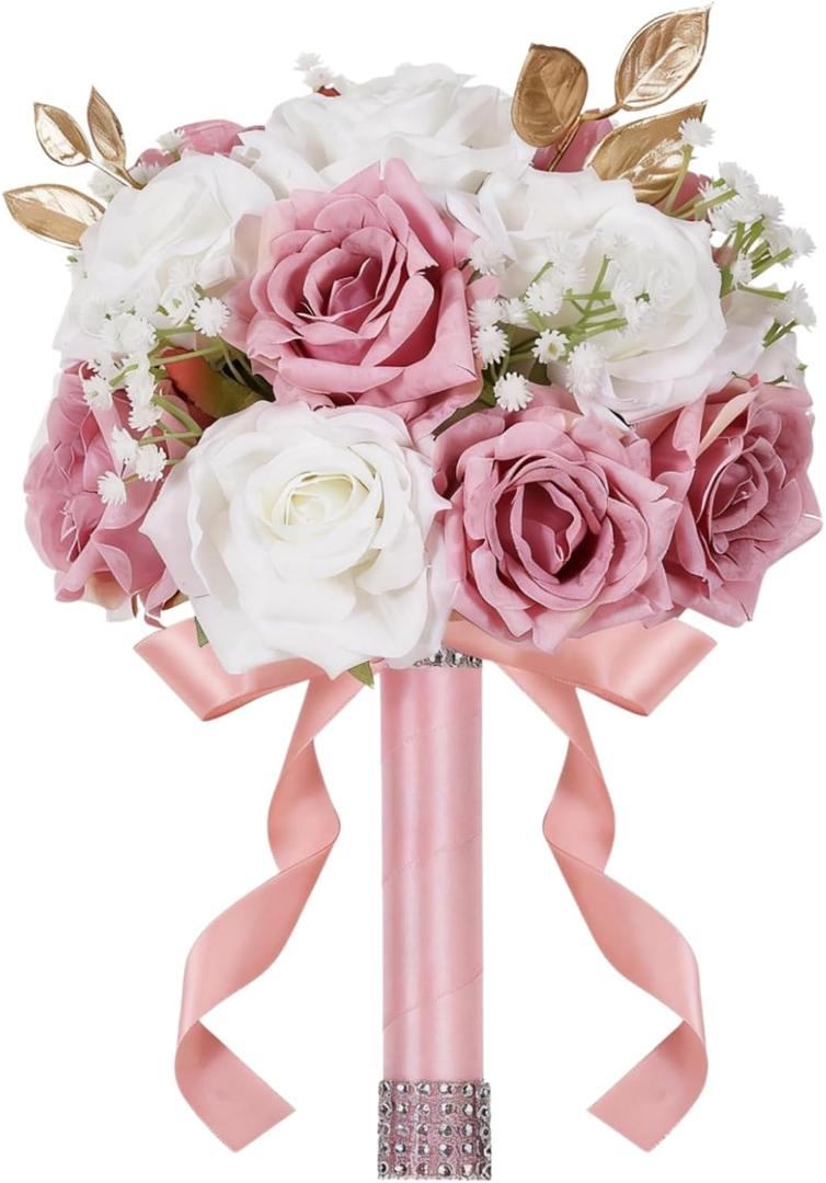 Wedding Bouquets for Bride & Bridesmaid, 9 Inch Artificial Rose Bridal Bouquet, Ivory White & Pink Silk Flowers for Wedding Ceremony, Church, Party Decoration (White Pink)