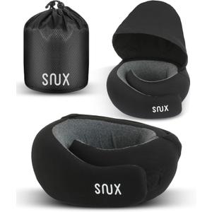 Snux Travel Neck Pillow with Hood - Memory Foam Neck Pillow - Hooded Travel Neck Pillows for Airplanes Car Rides & Home Relaxation (Black)