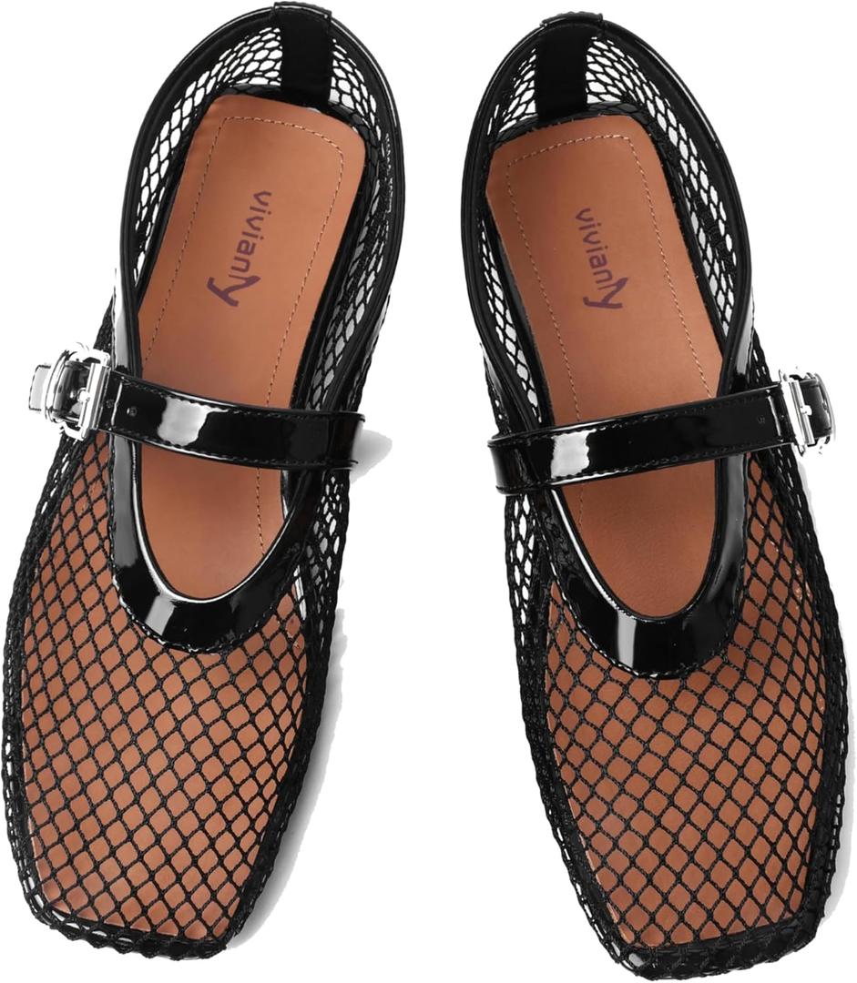 vivianly Mesh Ballet Flats Shoes for Women Flats Comfortable Dressy Round Toe Mesh Flats Fishnet Mary Jane Flats for Events Party Leisure (7.5, Black-square Toe)