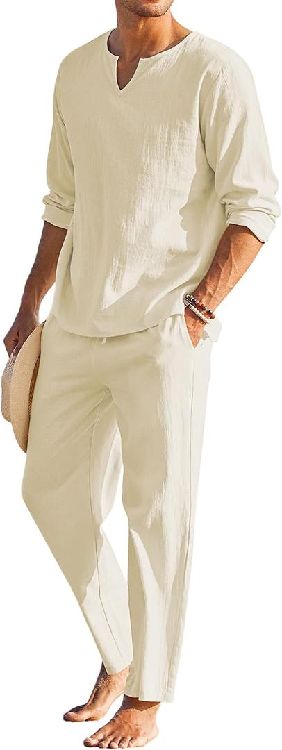 COOFANDY Men's 2 Pieces Cotton Linen Set Henley Shirt Long Sleeve and Casual Beach Pants Summer Yoga Outfits (Beige)