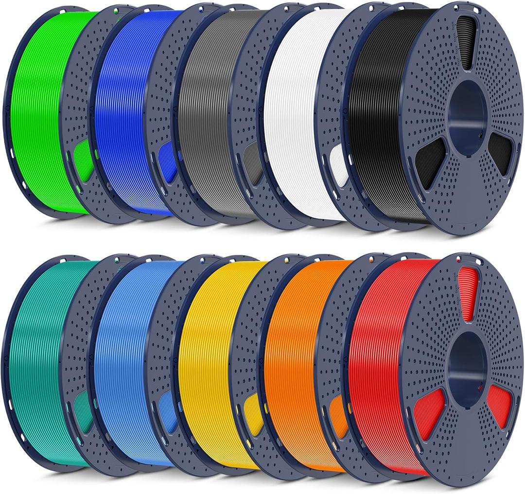 SUNLU 3D Printer Filament Bundle, PLA Plus Filament 10KG 1.75mm, Neatly Wound Filament for Most 3D Printer, 10 Colors, 1kg Spool, Black+White+Grey+Green+Blue+Grassgreen+Bluegrey+Pureyellow+Red+Orange