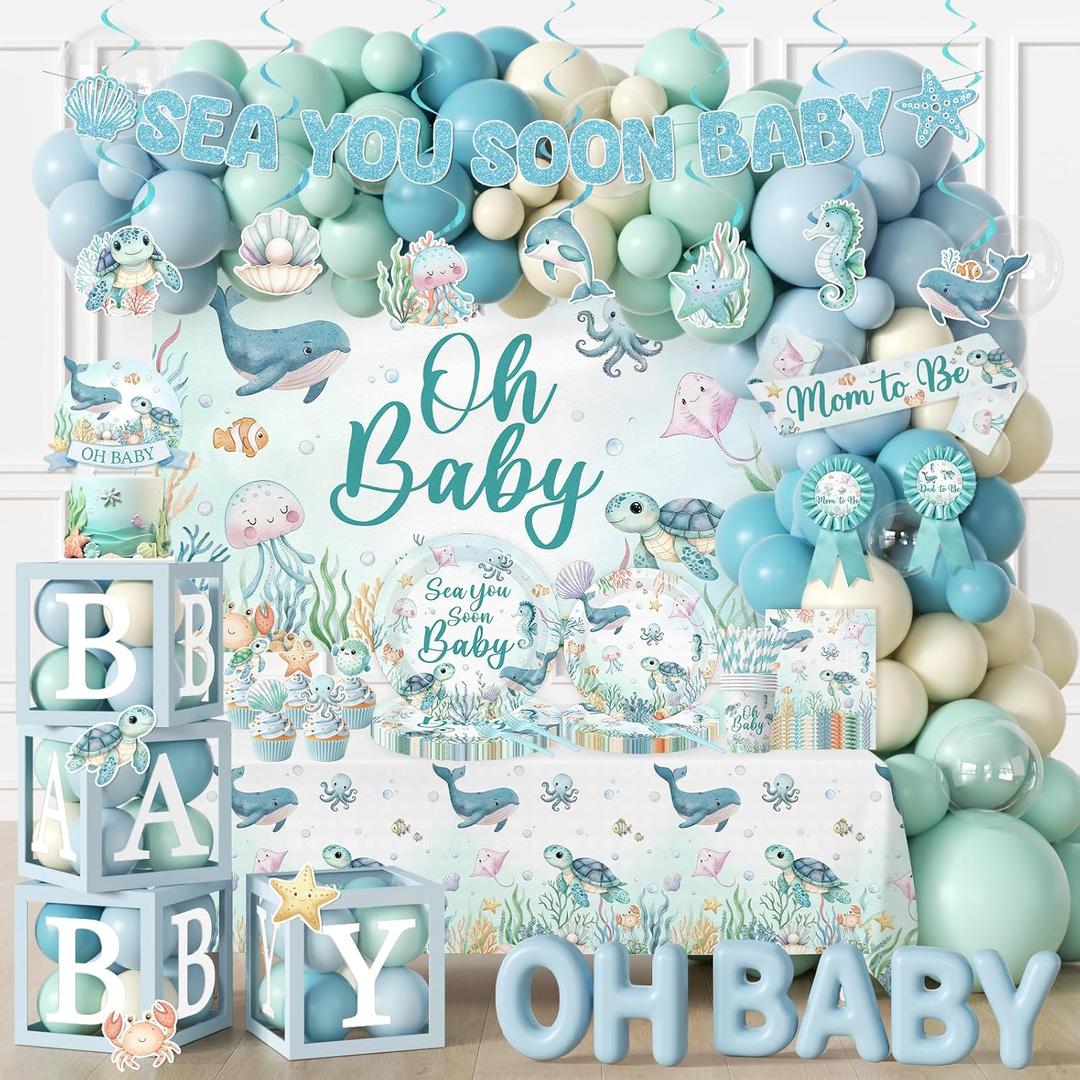 Sea You Soon Baby Shower Decorations, Under The Sea Party Decorations with Oh Baby Backdrop Banner Plates Napkins Ocean Tablecloth Balloon Arch Box for 1st Boy Birthday Party