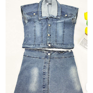 Denim Two Piece Crop Tops & Mini Skirts - Blue / XL