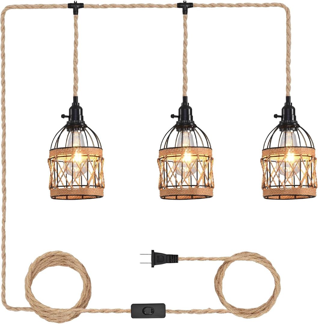 3 Light Hemp Rope Plug in Pendant Light Rattan Hanging Lights with Plug in Cord with Woven Lamp Shade, Plug in Cord Hemp Rope Hanging Lamp (1 PACK)