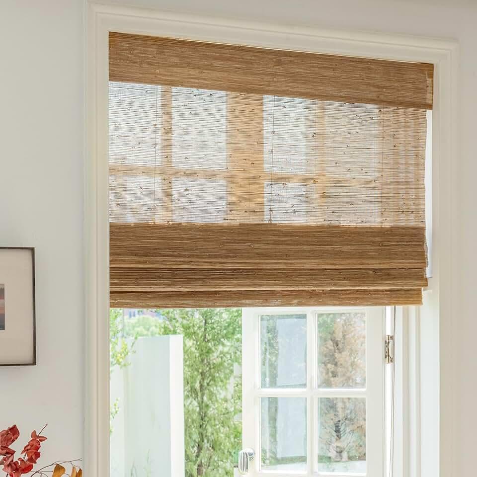 DEJAVU No Drill Cordless Bamboo Roman Shades, Blackout Natural Woven Wood Blinds, Custom No Tools Window Roman Shades with Tension Rod for Indoor Windows, Kitchens, Bathroom, Pecan Color