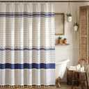 Boho Farmhouse Shower Curtain with 12 Clear Rings, Rustic Fabric Faux Linen Shower Curtain Set with Tassels, Beige & Navy Blue Striped Shower Curtain for Bathroom 72" W x 72" L