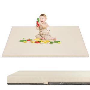 Baby Play Mat 50" X 50",Premium Foam Crawling Mat, Thick & Super Soft Vegan Leather Floor Mat,Non-Slip Cushioned Baby Playmat for Infants, Babies, Toddlers,Mat for Living Room(Cream)