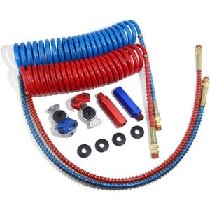 15Ft Coiled Air Brake Hoses Assembly and Accessory Kit 40'' & 12'' Pigtails Leads, Semi Truck Red Blue Coiled Air Brake Lines with Aluminum Glad Hands & Extension Handle Grips & Rubber Seals