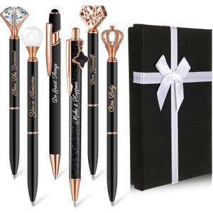 6 Pcs Fancy Pens for Women Crystal Diamond Pen for Journaling Pretty Glitter Ballpoint with Box Inspirational Gifts for Women Girls College Students Cute Back to School Gifts(Black)
