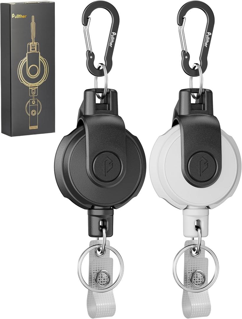 Retractable Keychain,Heavy Duty Carabiner Badge Holder, ID Badge Reel Key Chain with 31,8.8 OZ (2-pack Black & White)