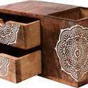 Wooden Hand craved Desk Organizer Pencil Pen Stationery Holder Cosmetic Storage Desk Box Home Office Art Supplies with 2 Drawer Wooden Tabletop Stationery Holder with 2 Drawers Storage Cabinet