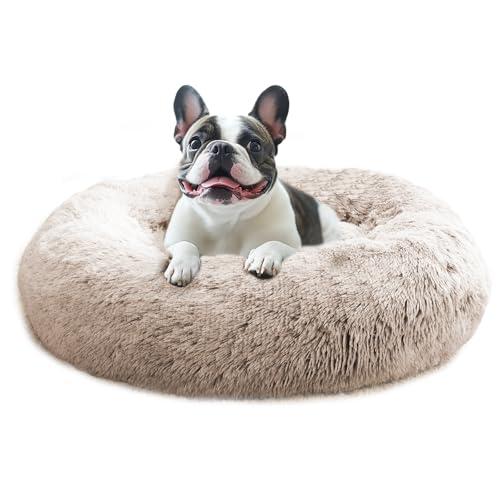 JOLLYVOGUE Calming Dog Beds Large Sized Dog, 36in Donut Washable Large Pet Bed, Anti-Slip & Anti-Anxiety Fluffy Faux Fur Round Dogs Bed, Fits up to 80 lbs Pets (Cream Brown)