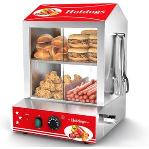 Hot Dog Steamer, 28.5QT 2-Tier Commercial Hot Dog Machine with Bun Warmer, 86F~185F Adjustable, 175 Hot Dogs & 40 Buns, Stainless Steel Hot Dog Bun Warmer with Tempered Glass Slide Doors