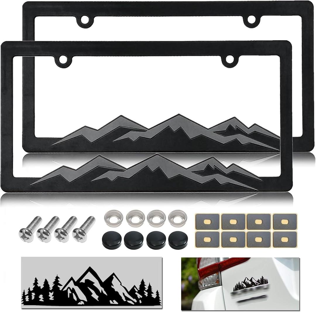 Mountain License Plate Frames - Plastic Car Tag Holders with Raised Mountain Design, Gray on Black, 2 Pack 2 Hole with Screws & Caps, Mountain Vinyl Sticker Included (Grey)