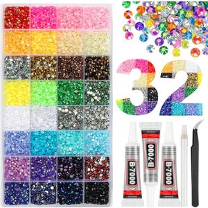 38000Pcs 32 Colors Jelly Resin Rhinestones for Bedazzling, 3mm Multicolor Flatback Gems for Crafting, Bedazzler Kit with 3Pcs B7000 Jewelry Glue for Clothes Shoes Nail Book Diamond Art