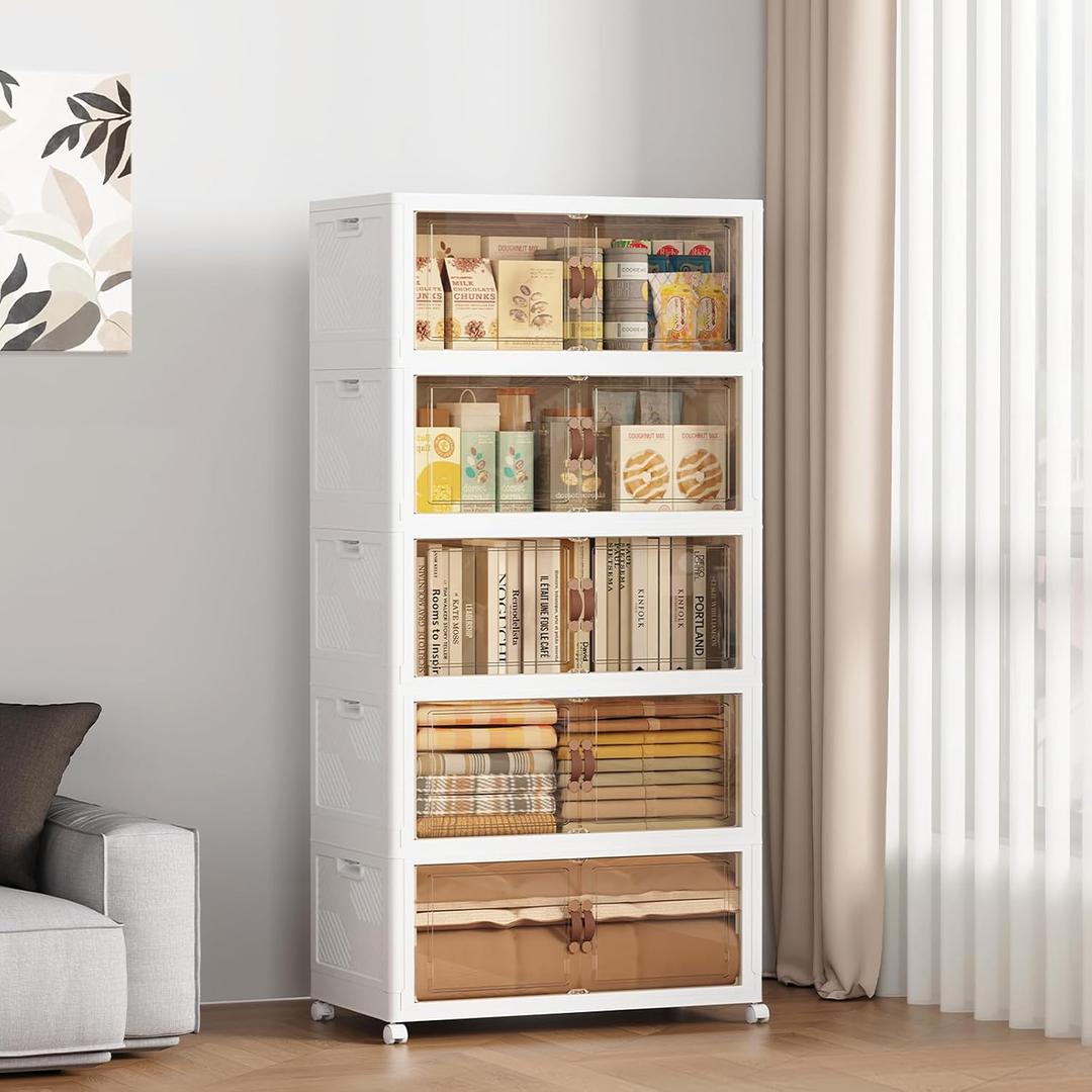 SAILUN 275QT/69Gal Stackable Storage Bins with Lid, Collapsible Storage Bins with Doors and Wheels, Folding Plastic Cabinet Containers for Home Closet Organization, 5 Pack, White