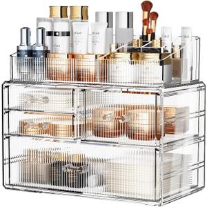ZHIAI Stackable Storage Drawer, Acrylic Organizer, Cosmetic Organizer for Dresser, Vanity, Kitchen Cabinet, Bathroom, Under Sink, Home Organization and Storage (1 Top 3 Drawers)