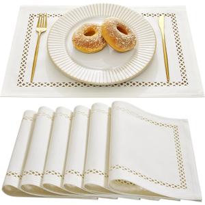 Burlap Placemats Set of 6, 12 x 18 Inch Rustic Geometric Hollow Place Mats, Heat Resistant Placemats for Farmhouse Kitchen Table Decor, Off White 6PCS