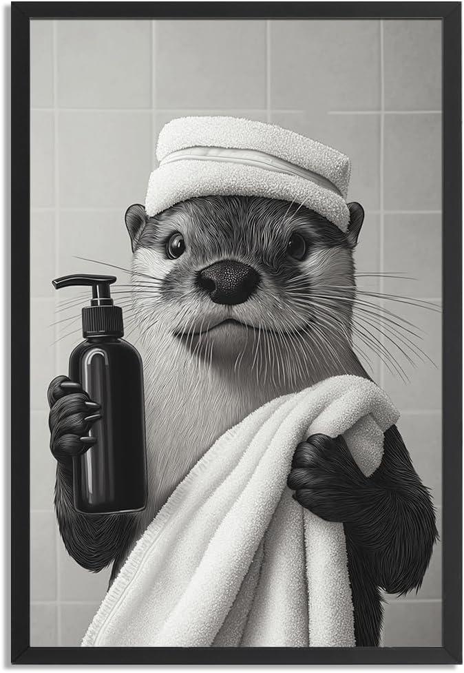 Leeda Framed Funny Black And White Bathroom Wall Art Otter Is Getting Ready For A Bath Bathroom Signs Picture-Cute Animal Art Canvas Prints Ready To Hang (12"L x 8"W)