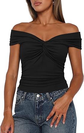 Womens Tops Summer Twist Knot Front Off The Shoulder Shirt Cap Sleeves Y2K Crop Top 9058 Brick Black, Medium