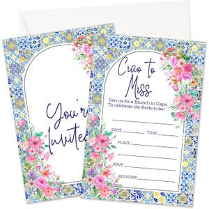 Wedding Shower Invitations, Mediterranean Invites Cards For Couple, Floral Bridal Shower Party Celebration Favors Supplies, 25pcs Wedding Banquet Party Fill In Cards With Envelopes -10