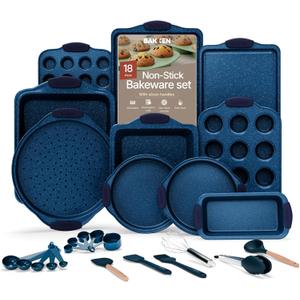 BAKKEN Kitchen Baking Pan Set - Nonstick Coating, Carbon Steel Bakeware Sets with Blue Silicone Handles, Baking Kitchen Essentials, PFOA, PFOS, PTFE Free, Oven Safe Tray (Up To 450 F), Set of 18