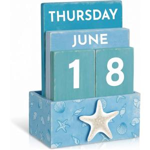 Hoteam Summer Beach Wood Perpetual Calendar for Desk Blue Ocean Theme Block Calendar Table Decor with Starfish Seashell Vintage Cute Month Date Display Blocks for Home Office Desk Accessories Gift