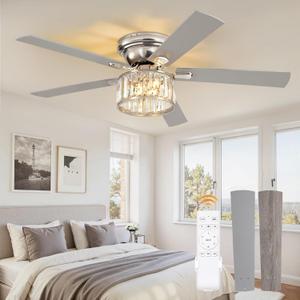 56 Inch Modern Crystal Chandelier Fan, Brushed Nickel Fandelier Ceiling Fan with Light, 6-Speeds, Quiet Reversible DC Motor, Flush Mount Ceiling Fan with Lights for Bedroom, Living Room