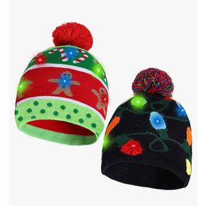 2 Pack Christmas LED Light-up Knitted Beanie Hat Colorful Flashing Holiday Xmas Christmas Party Supplies (One Size Fits More)
